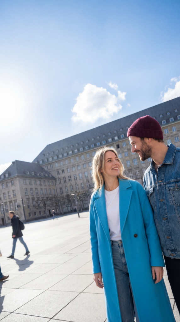 Person in lilafarbener Jacke bedient ein Smartphone vor einer Häuserzeile (KI-generiert)