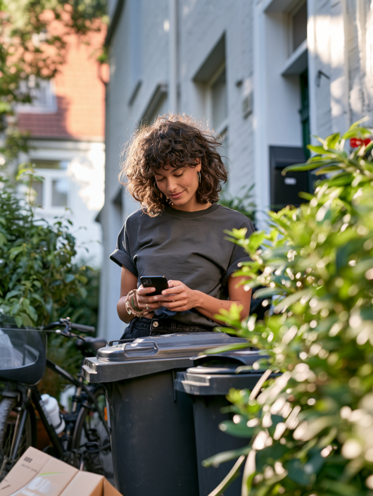 Person in lilafarbener Jacke bedient ein Smartphone vor einer Häuserzeile (KI-generiert)