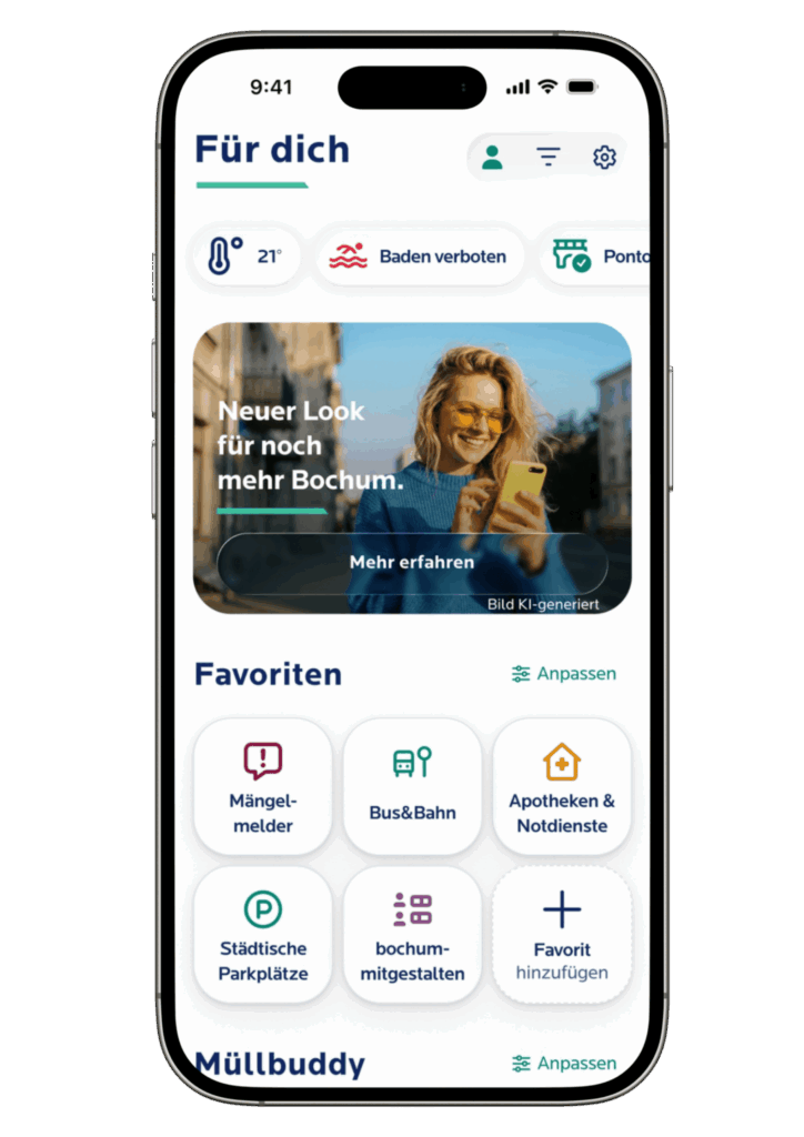 Bochum App auf einem Smartphone: Startseite mit Favoriten